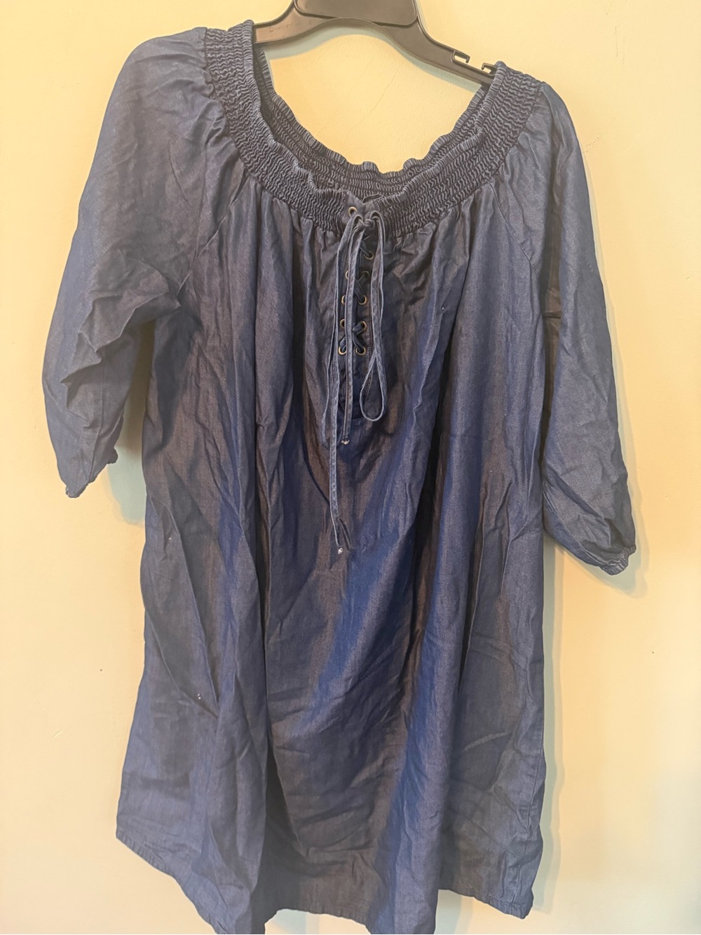 Peasant-Style Tunic Top in Navy Blue with Smocked Neck